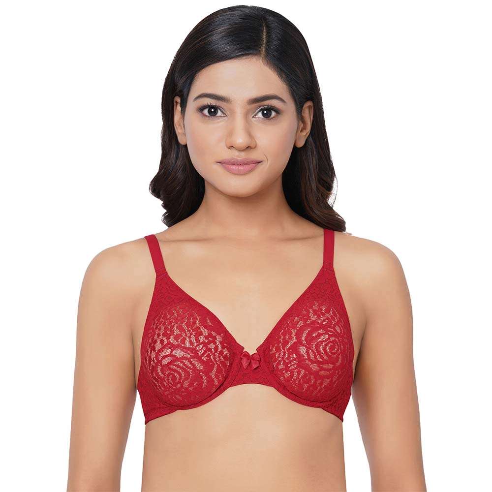 Buy Halo Lace Non-Padded Wired 3/4Th Cup Lace Comfort Bra - Red Online