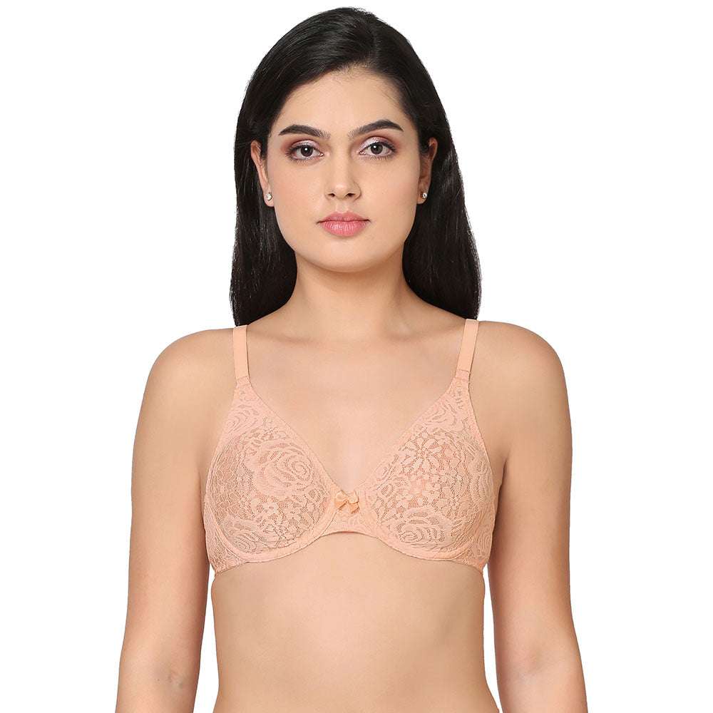 Halo Lace Non-Padded Wired Full Cup Fashion Bra - Peach