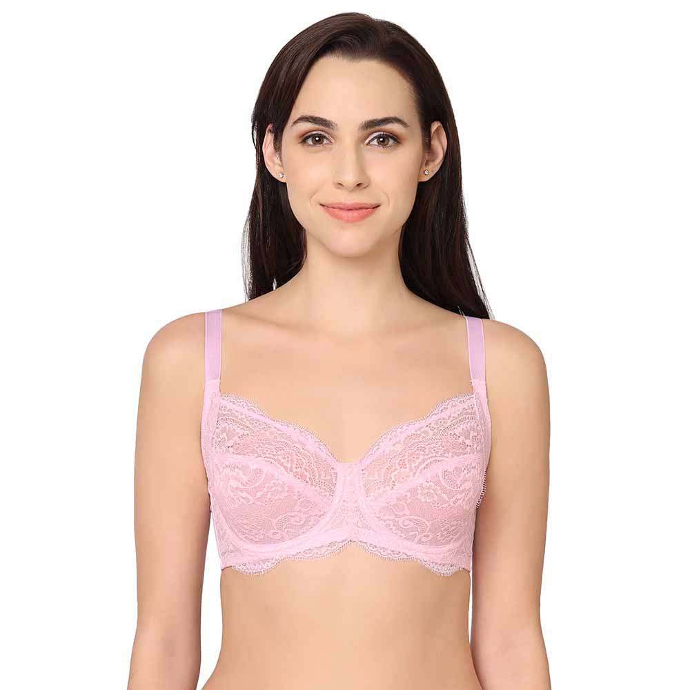 Push-Up Lycra Cotton Women Full Coverage Non Padded Lace Pink Bra
