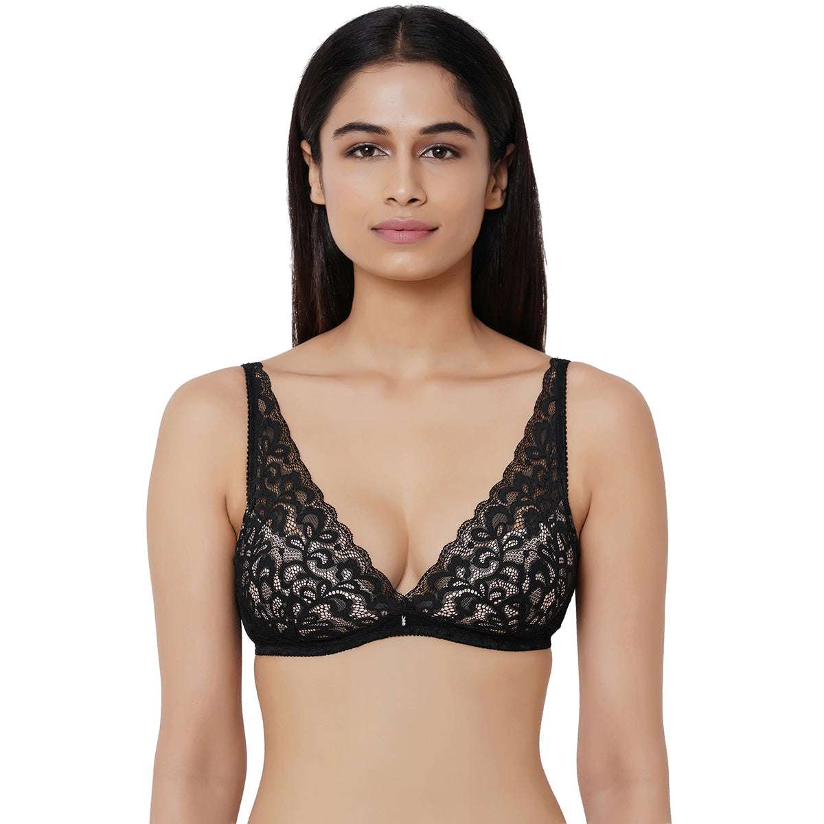 Mystique Padded Non Wired 3/4Th Cup Lace Plunge Bra - Black