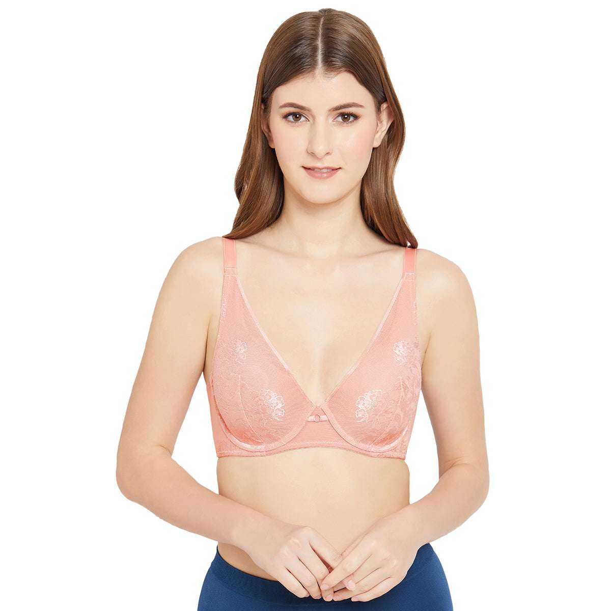Feliz Padded Wired 3/4th Coverage T-Shirt Plunge Lacy Bra-Pink