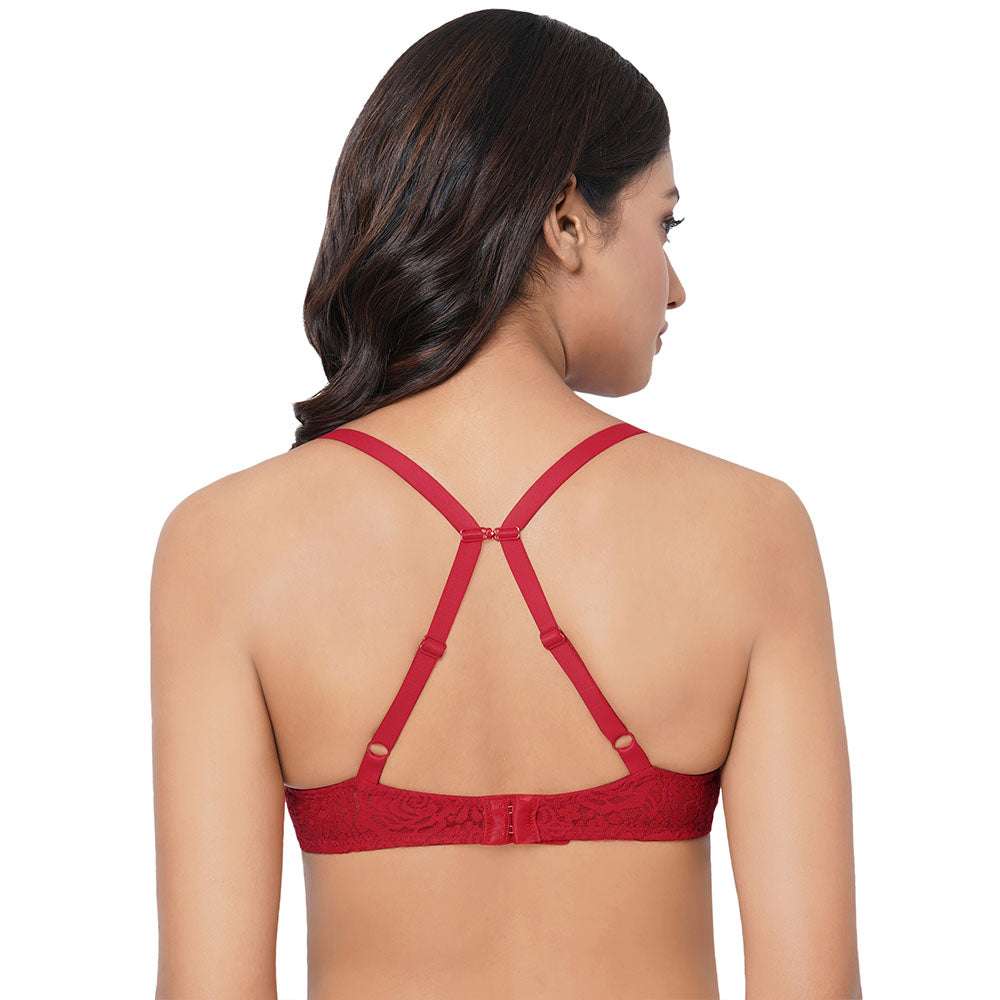 Halo Lace Non-Padded Wired 3/4Th Cup Lace Comfort Bra - Red