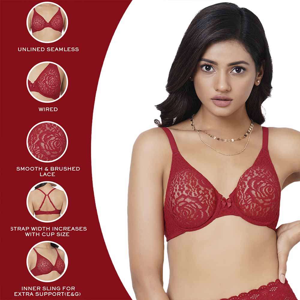 Retro Chic Non Padded Wired Full Coverage Full Support Everyday Comfort Bra  - Red