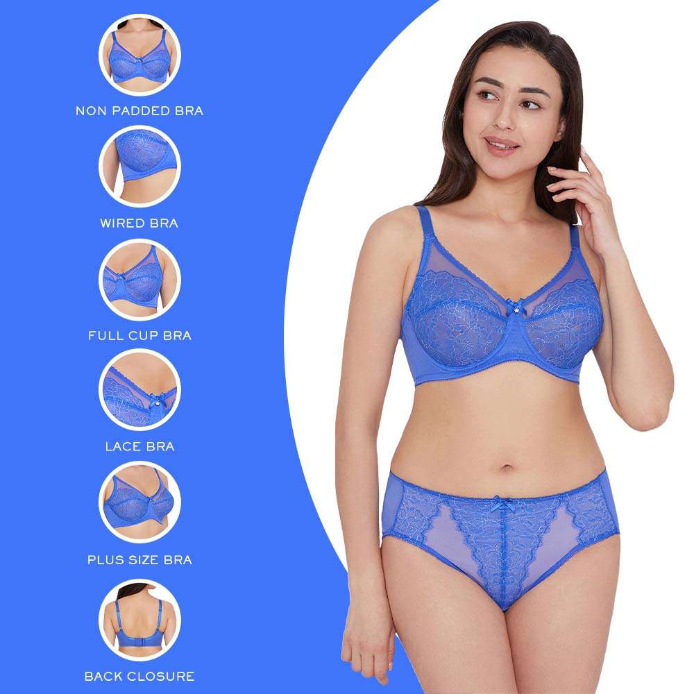 Retro Chic Non Padded Wired Full Coverage Full Support Everyday Comfort Bra  - Blue