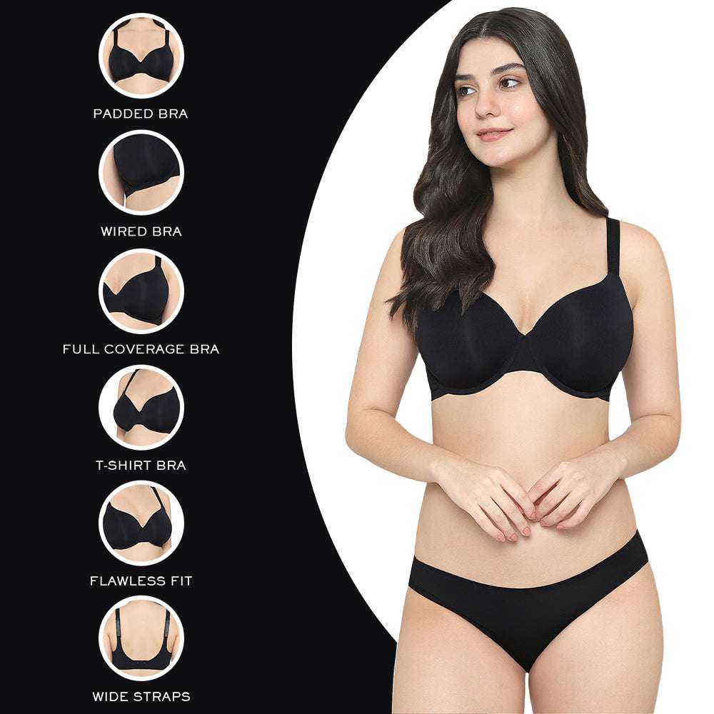 Everyday Elegance Padded Wired Full Cup Everyday Wear Smooth Finish T-shirt  Bra - Black