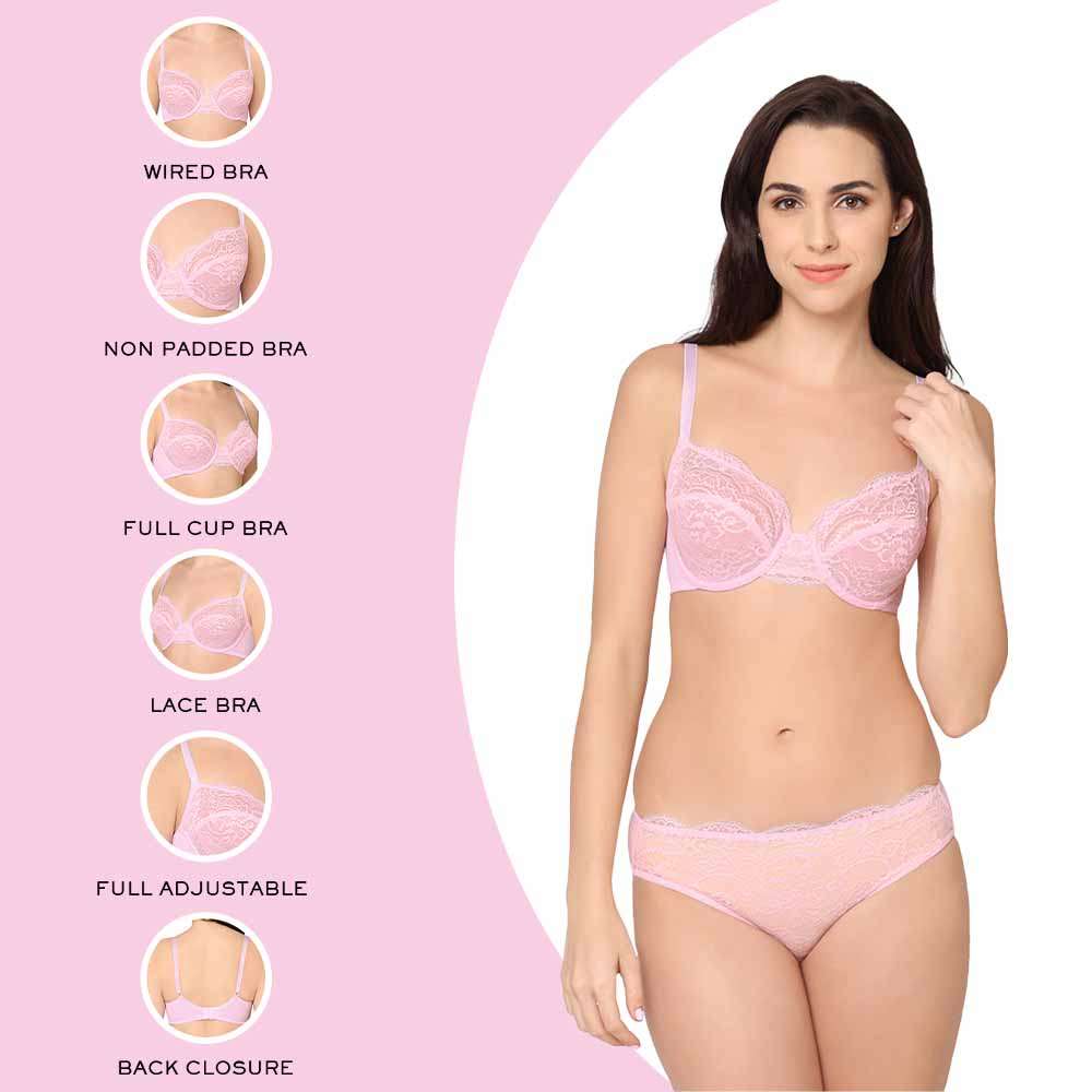 Buy Essential Lace Non Padded Wired Full Cup Bridal Wear Lace Bra Full  Support Bra - Pink Online