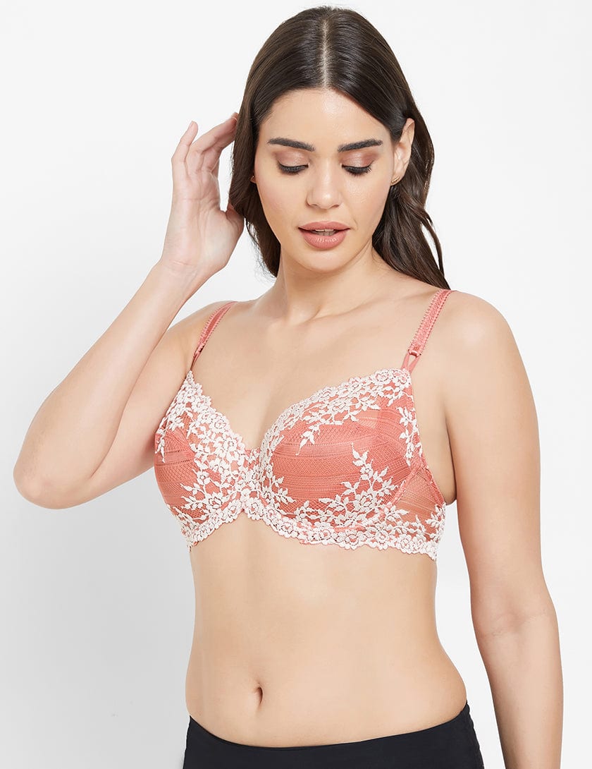 Embrace Lace Non Padded Wired 3/4th Cup Bridal Wear Medium coverage Fashion  Bra - Coral