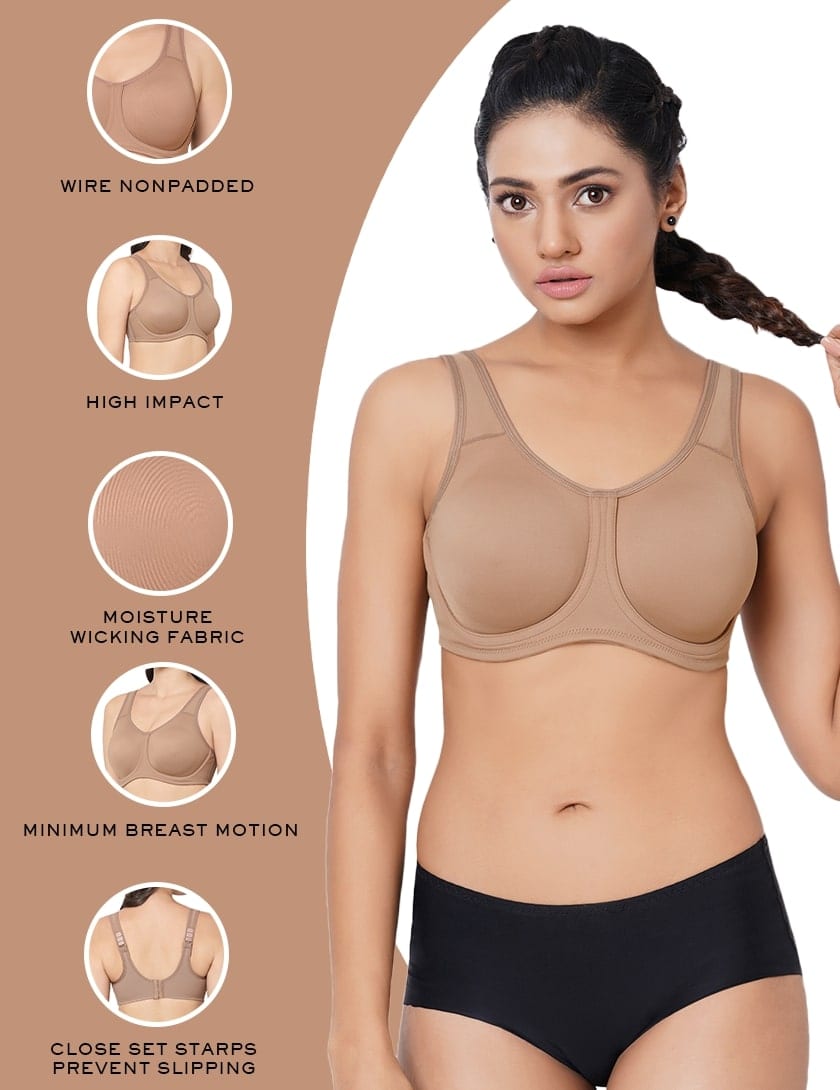 Sport Non Padded Wired Full Coverage Full Support High Intensity Sports Bra  - Brown