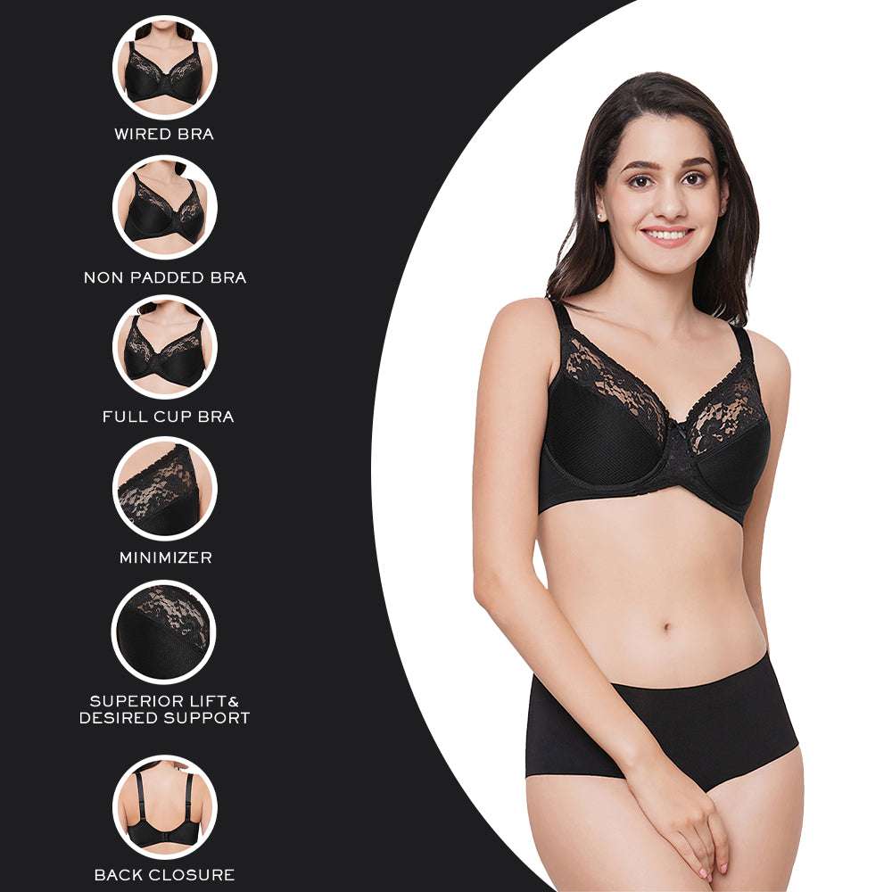 Buy Charming Illusion Non-Padded Wired Full Coverage Minimizer Plus Size Bra  - Black Online