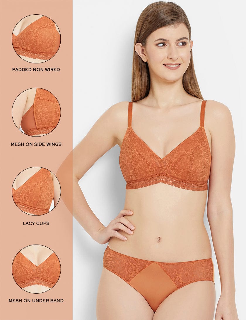 Buy Lilia Padded Non-Wired 3/4Th Cup Lace Fashion Bra-Orange Online